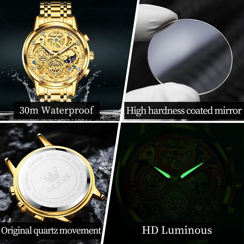 Relógio masculino original à prova d' água Dourado