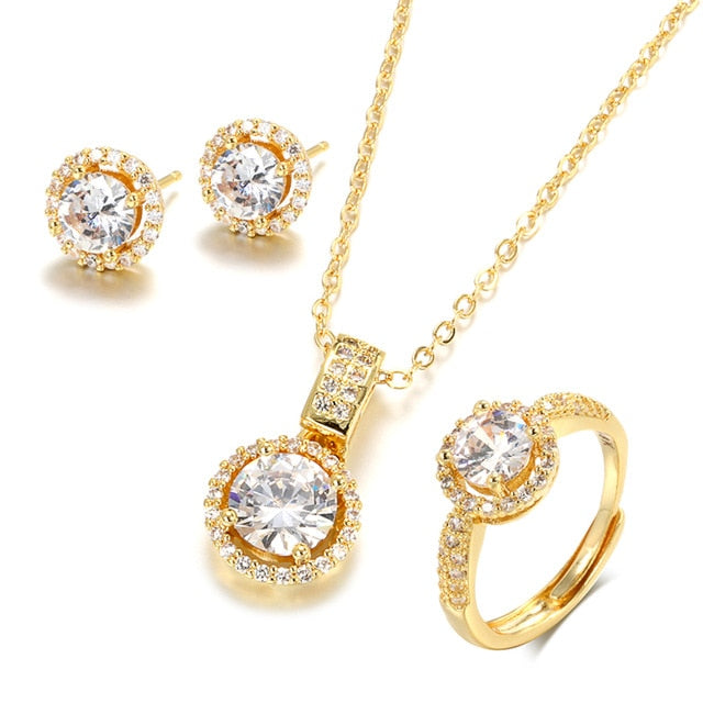 conjunto de joias femininas colar, brinco, joia  com zircônia dourada, 18k, para casamento, presente de dia dos namorados, para mulheres