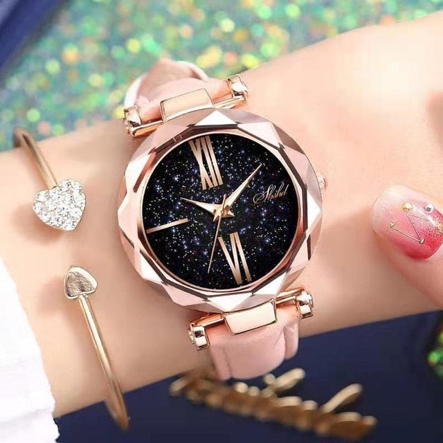 Relógio feminino pulseira strass couro a prova D'água romântico céu estrelado